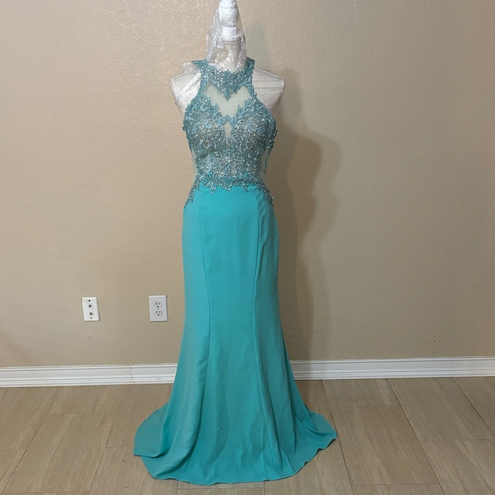 Camille La Vie Teal Prom Dress with Beaded Bodice